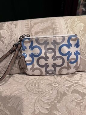 Coach Multicolor 'C' Pattern Wristlet in White, Gray & Blue